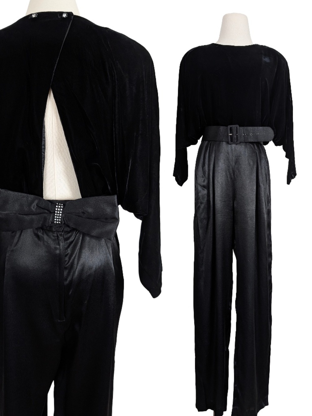 80s Black Velvet Jumpsuit Dollman Sleeve Size Small Semi Formal Party (M)